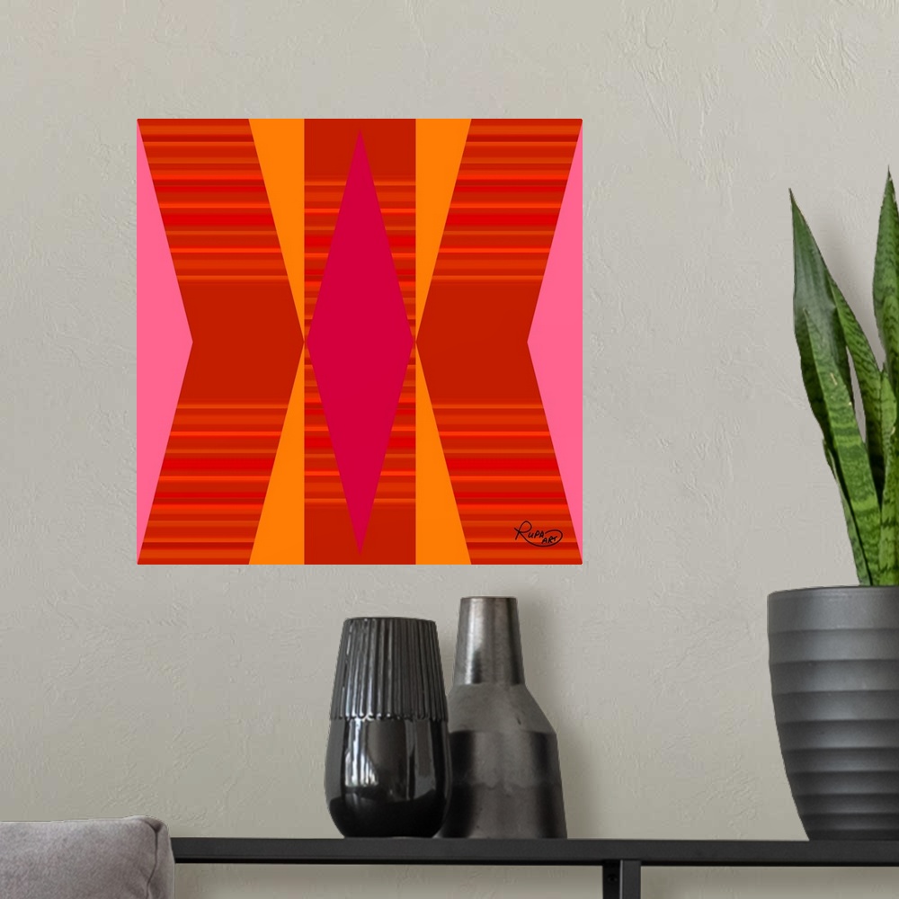A modern room featuring Square abstract of striped diagonal lines in vibrant colors of pink, orange and red.