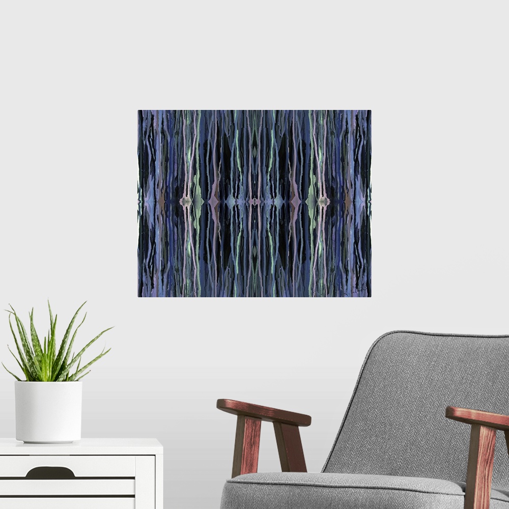 A modern room featuring Contemporary abstract painting of vertical neon lines against a dark background.