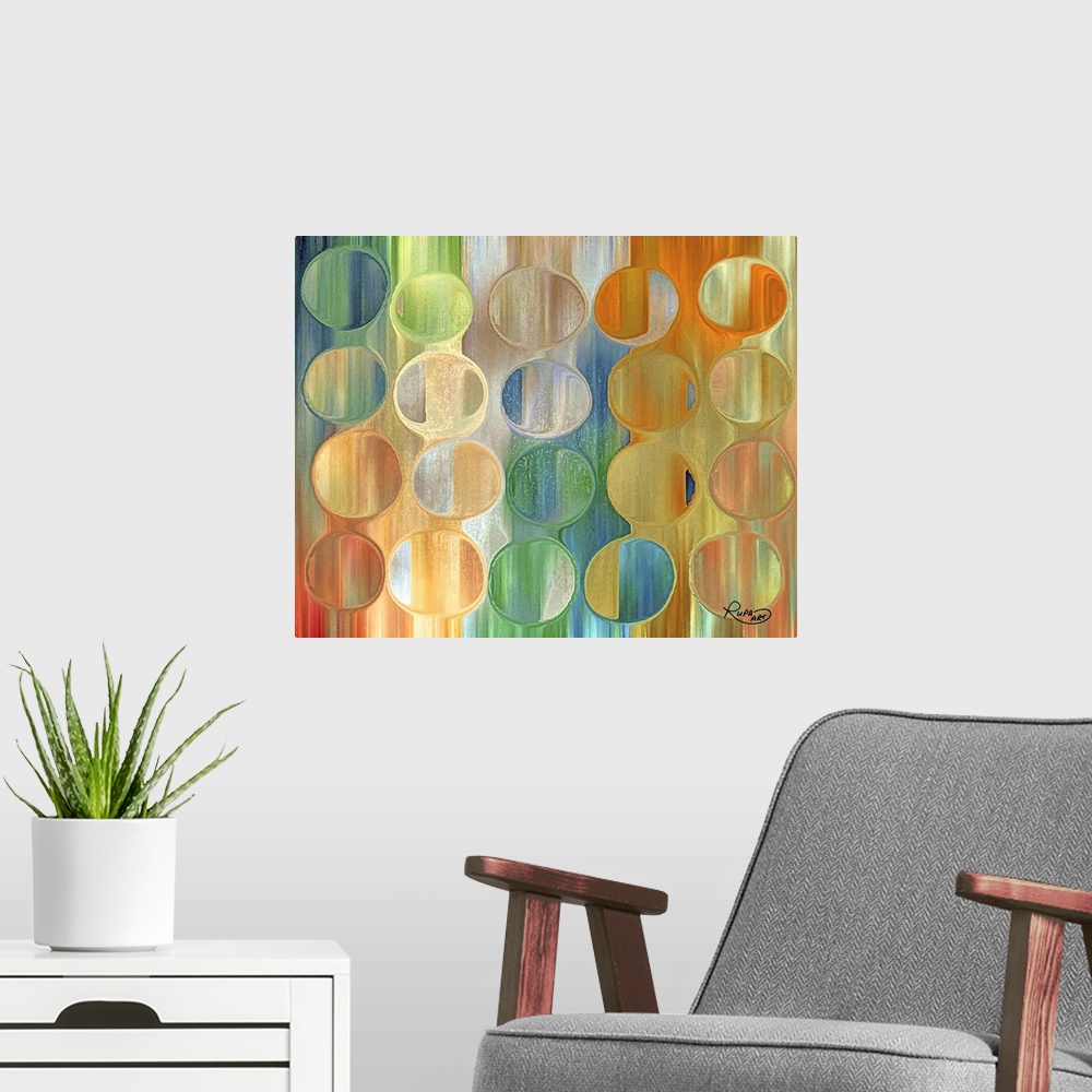 A modern room featuring Abstract art with a vertical gradient pattern on the background and thick ringed circles on top g...