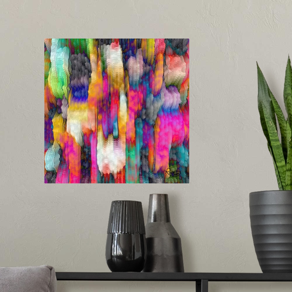 A modern room featuring Large, colorful abstract art made out of squares and rectangles creating a 3D appearance.
