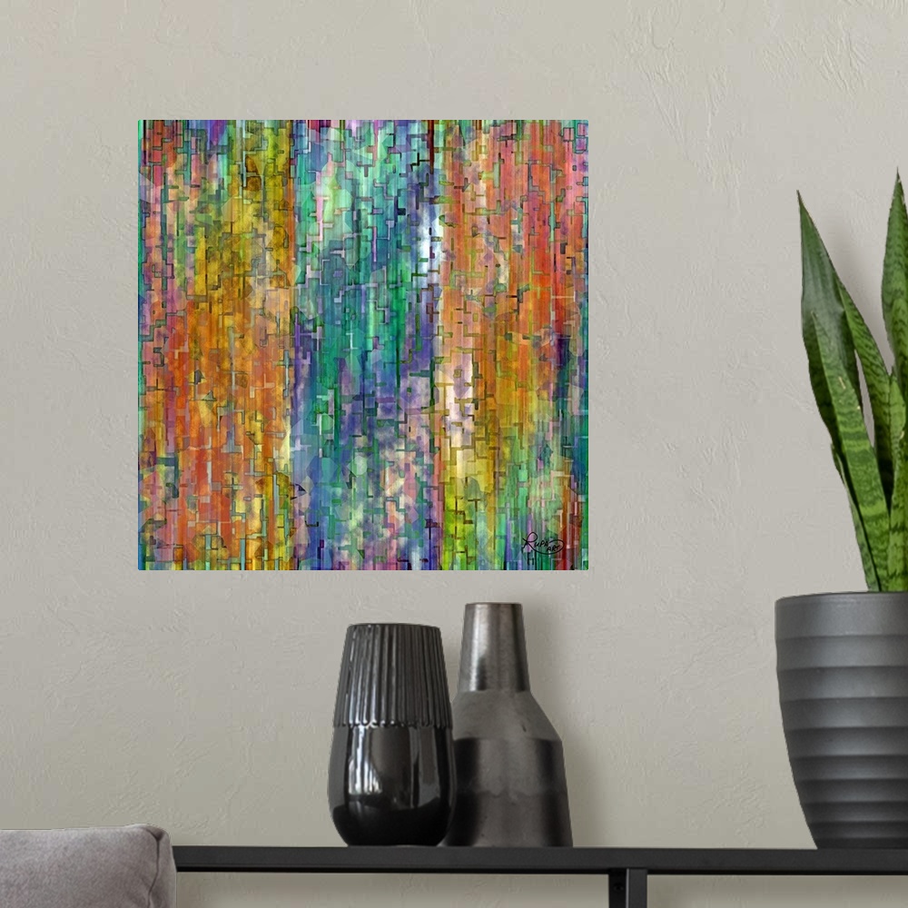 A modern room featuring Square abstract artwork in a rainbow of colors with small block and line shapes.