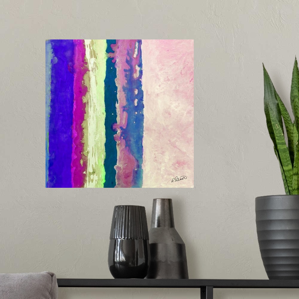 A modern room featuring Square abstract painting with vertical sections of color in shades of blue, pink, and green.