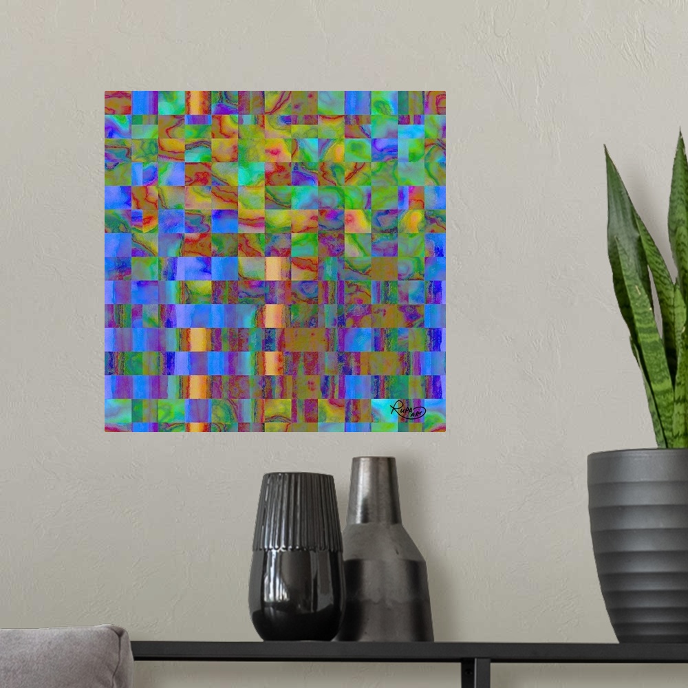 A modern room featuring Square abstract art with a square grid pattern in blue, green, and red hues.