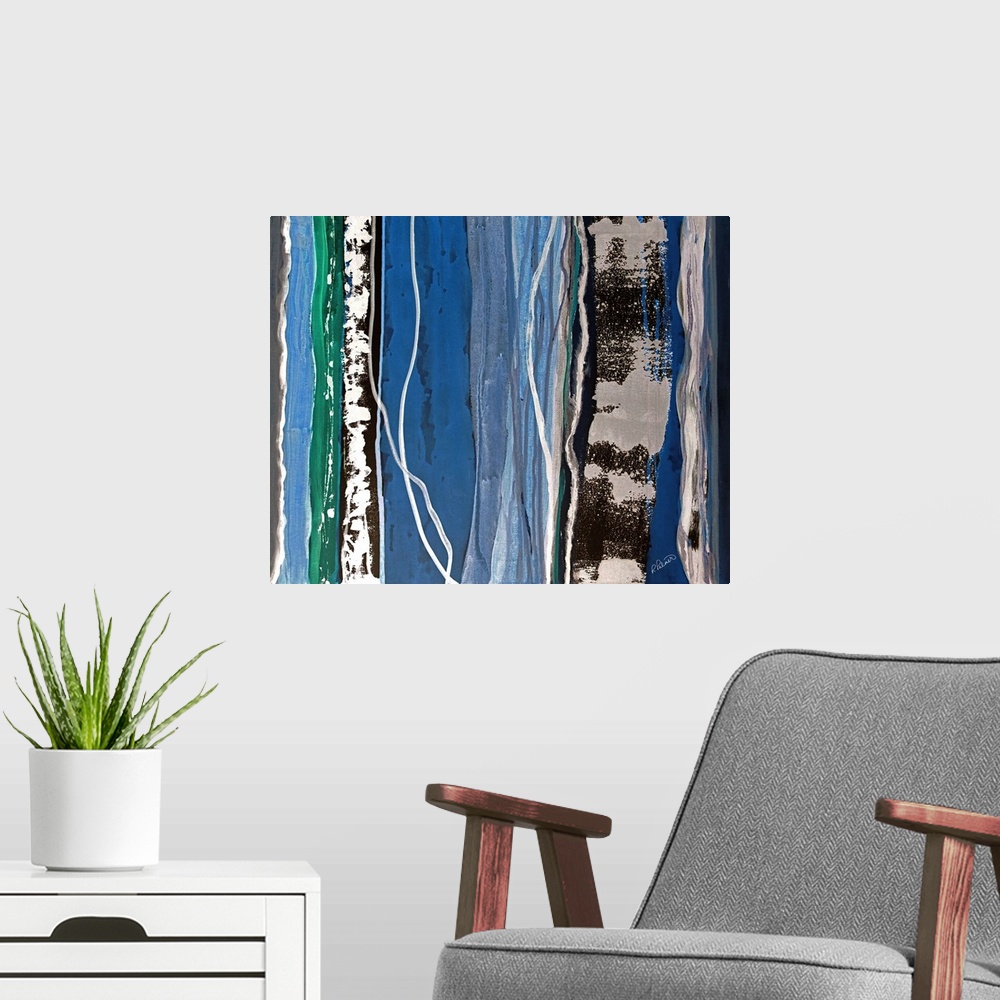 A modern room featuring Abstract painting with vertical sections of color and designs in blue, green, white, black, and g...