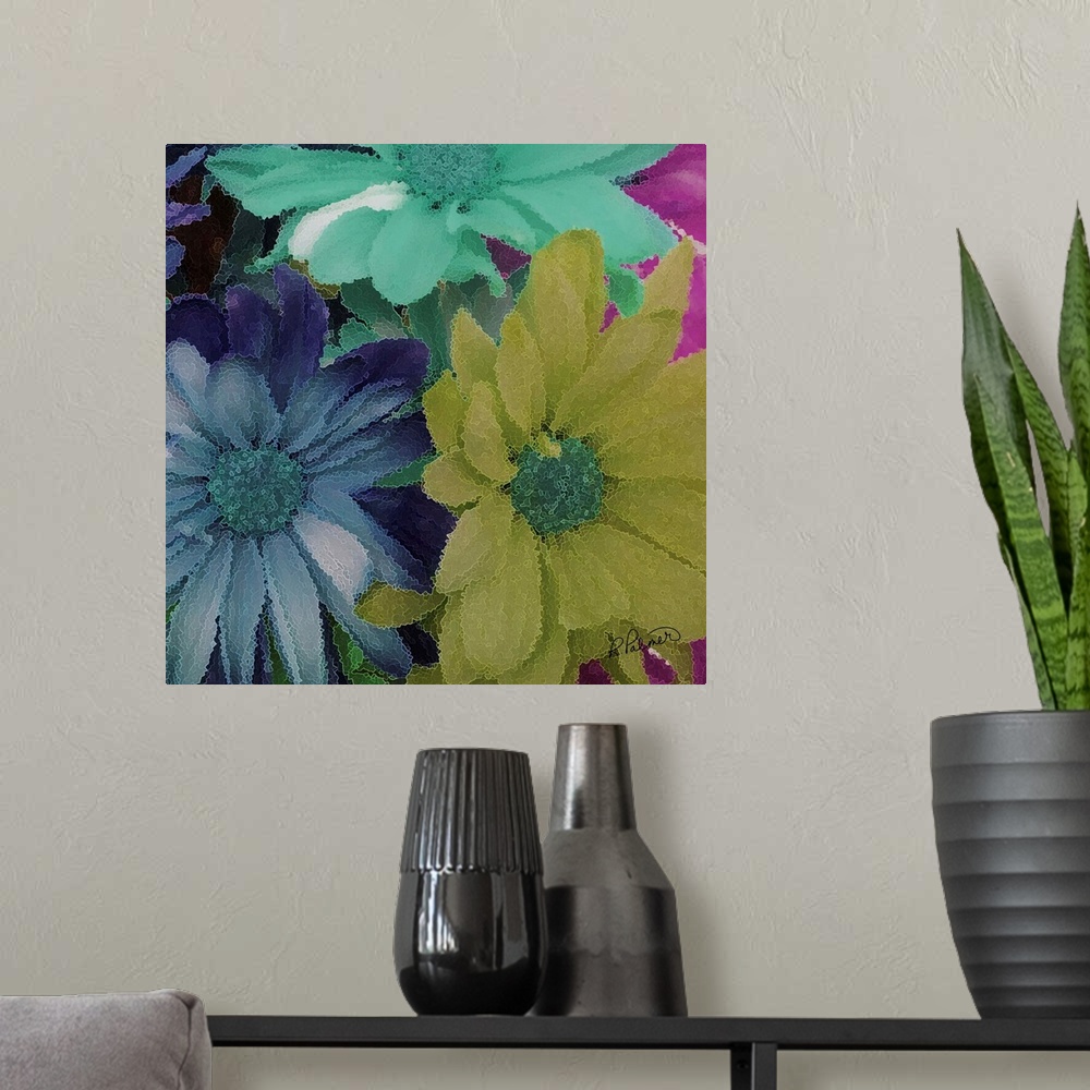 A modern room featuring A square image of a bouquet of daisies with a textured effect.