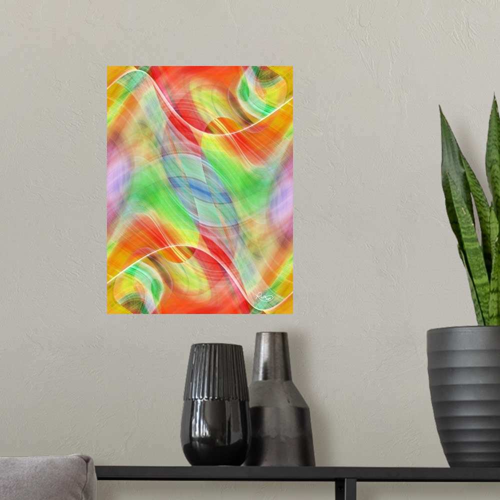 A modern room featuring Vertical abstract of swirled lines of vibrant colors such as red, green and yellow.