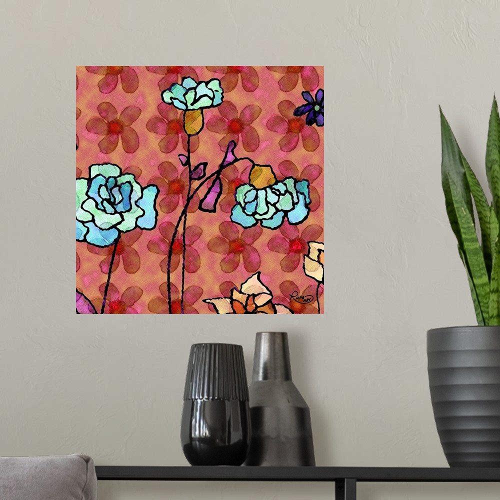 A modern room featuring Square abstract art with blue flowers outlined in black on a red and pink background with a flora...