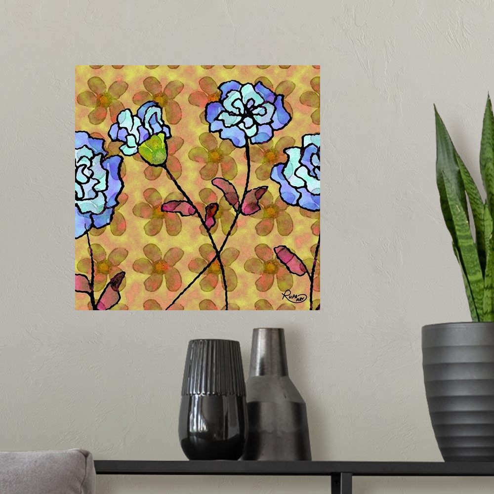 A modern room featuring Square abstract art with blue flowers outlined in black on a yellow and pink background with a fl...