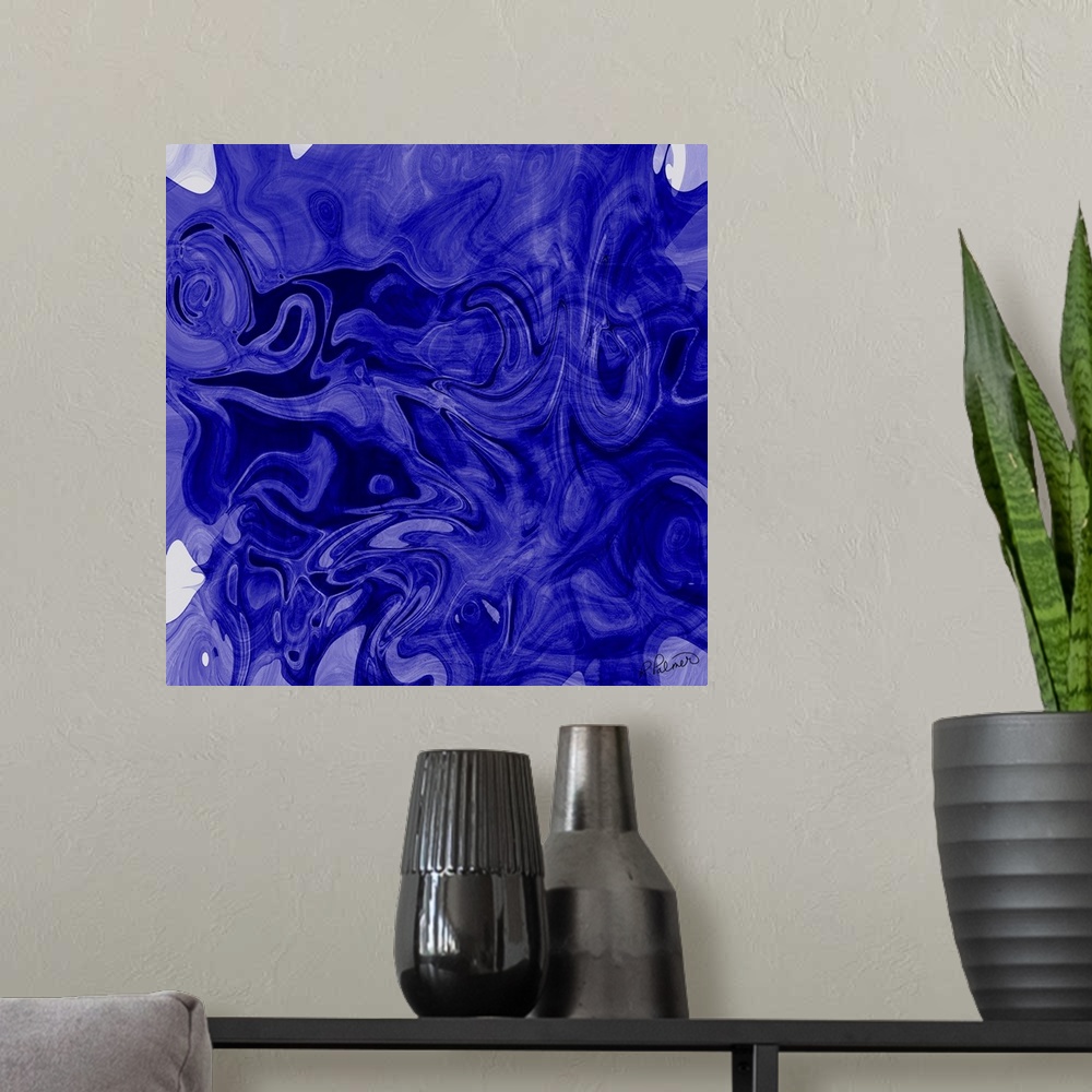A modern room featuring A square image of varies shades of blue layering in swirled shapes.