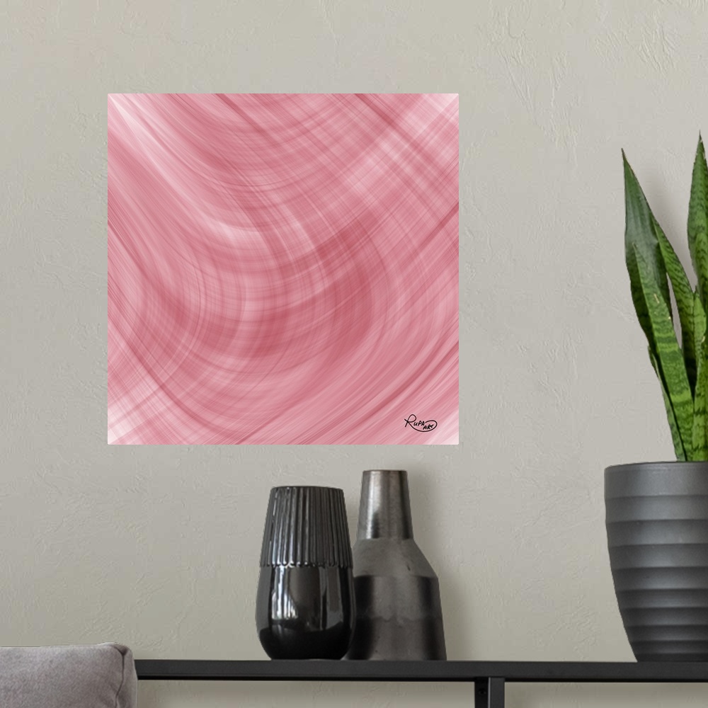 A modern room featuring Abstract digital art of curved waves in muted pink.