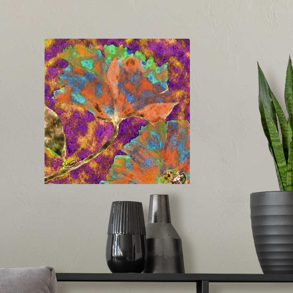 A modern room featuring Square abstract art with a floral print made out of curvy lines and filled in with watercolor-lik...