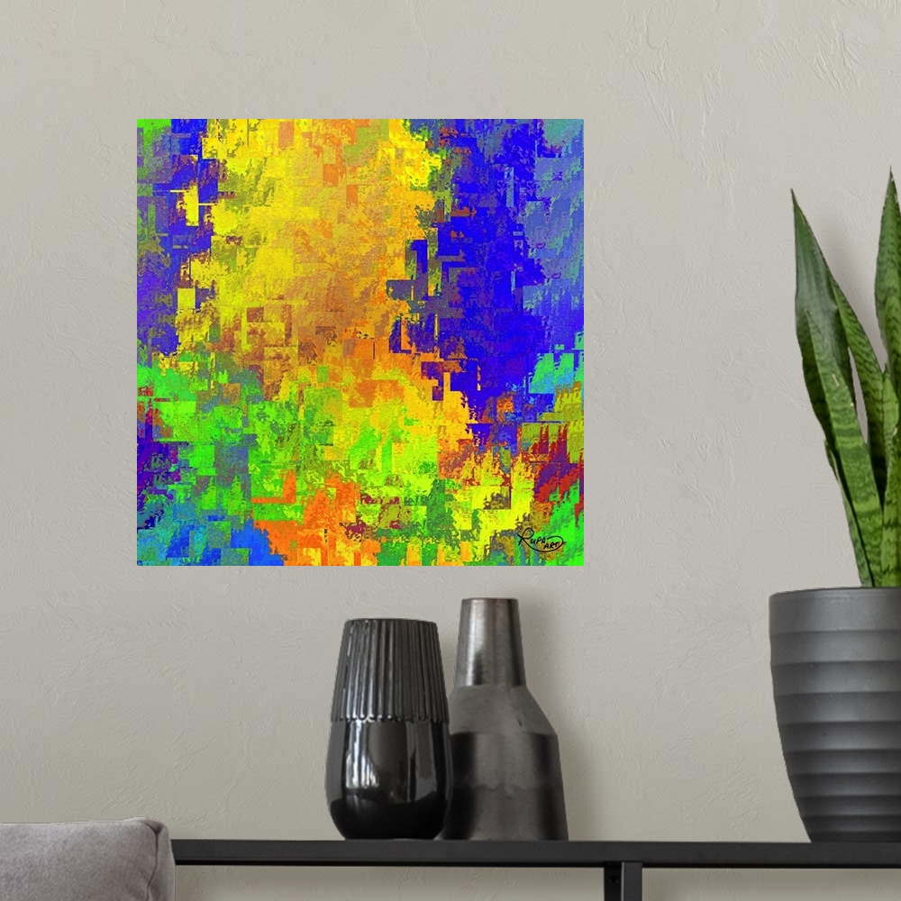 A modern room featuring Square abstract art with shapes and textures layered together in all colors of the rainbow