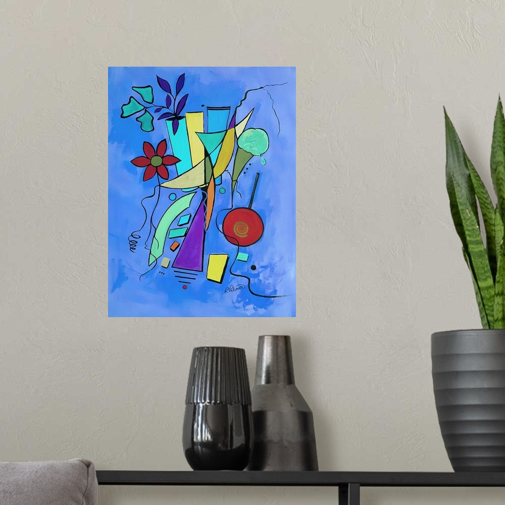 A modern room featuring An abstract painting of vases of flowers with ice cream and candy on a blue background.