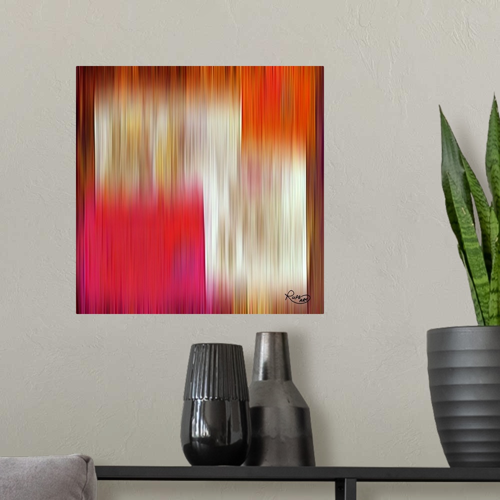 A modern room featuring Vibrant abstract artwork in blurred vertical lines that fades to different colors.