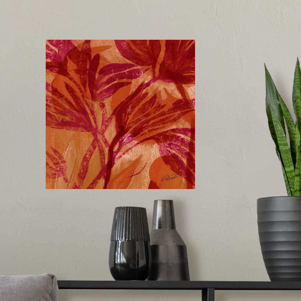 A modern room featuring Square decorative painting of pink silhouettes of Fall foliage on an orange background.