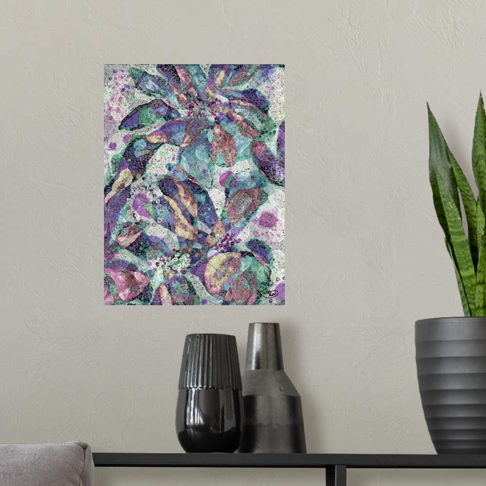 A modern room featuring Spotted abstract art with a floral design in cool tones.