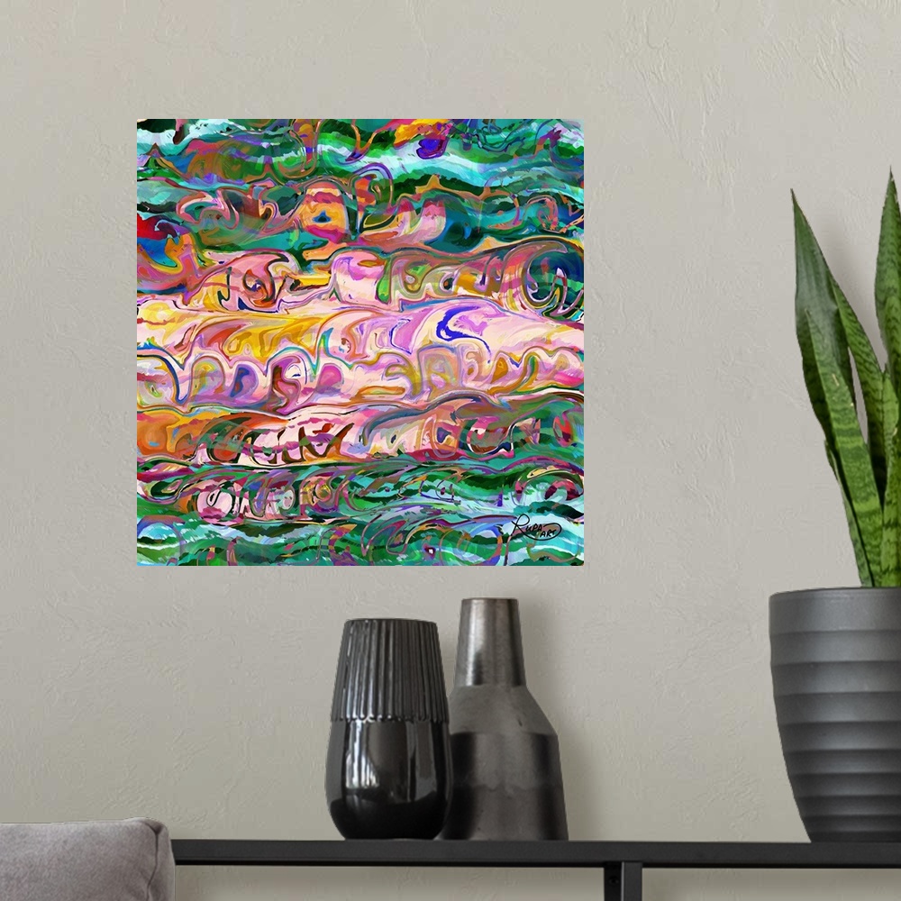 A modern room featuring Square abstract art with wave-like patterns of bright colors meshed together.