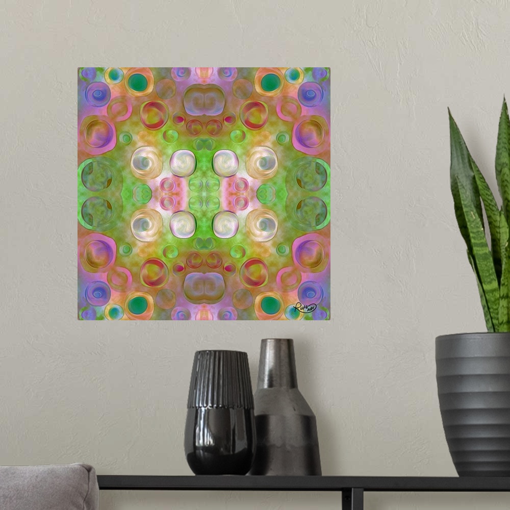A modern room featuring Square abstract art with circulars shapes and a symmetric pattern.