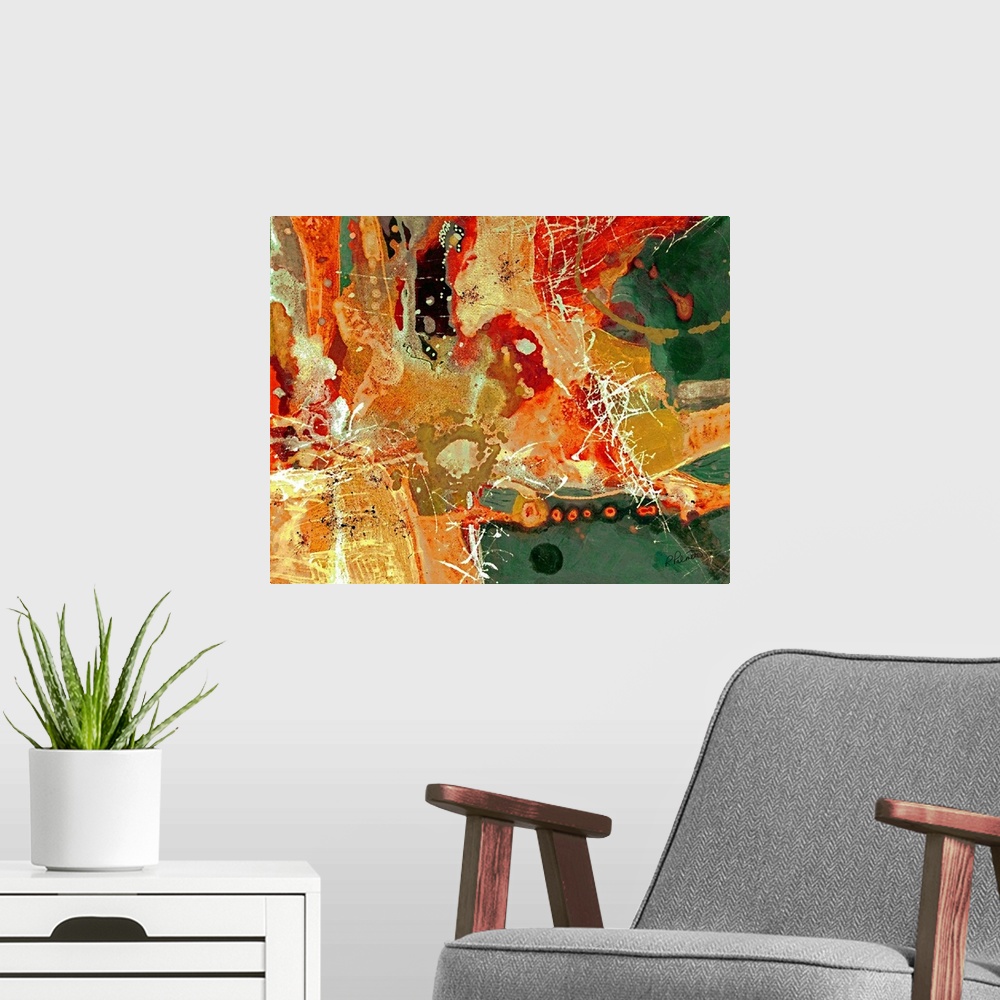 A modern room featuring A contemporary abstract painting using fiery warm colors and aggressive paint splatter.