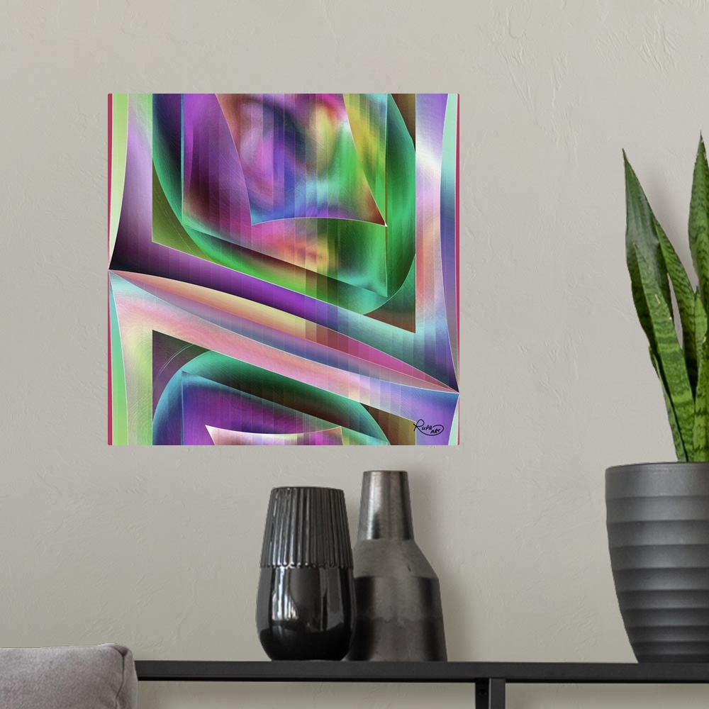 A modern room featuring Contemporary digital artwork of intersecting geometric shapes in green and purple.