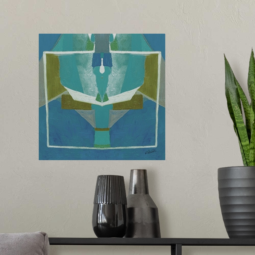 A modern room featuring Square abstract painting with blue and green symmetrical designs.