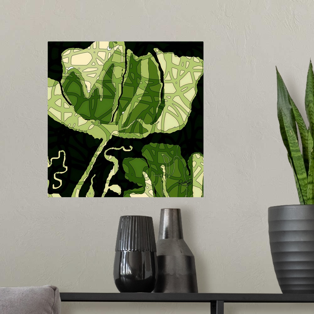 A modern room featuring Square abstract art of a large green flower with a lined design on top on a black background.
