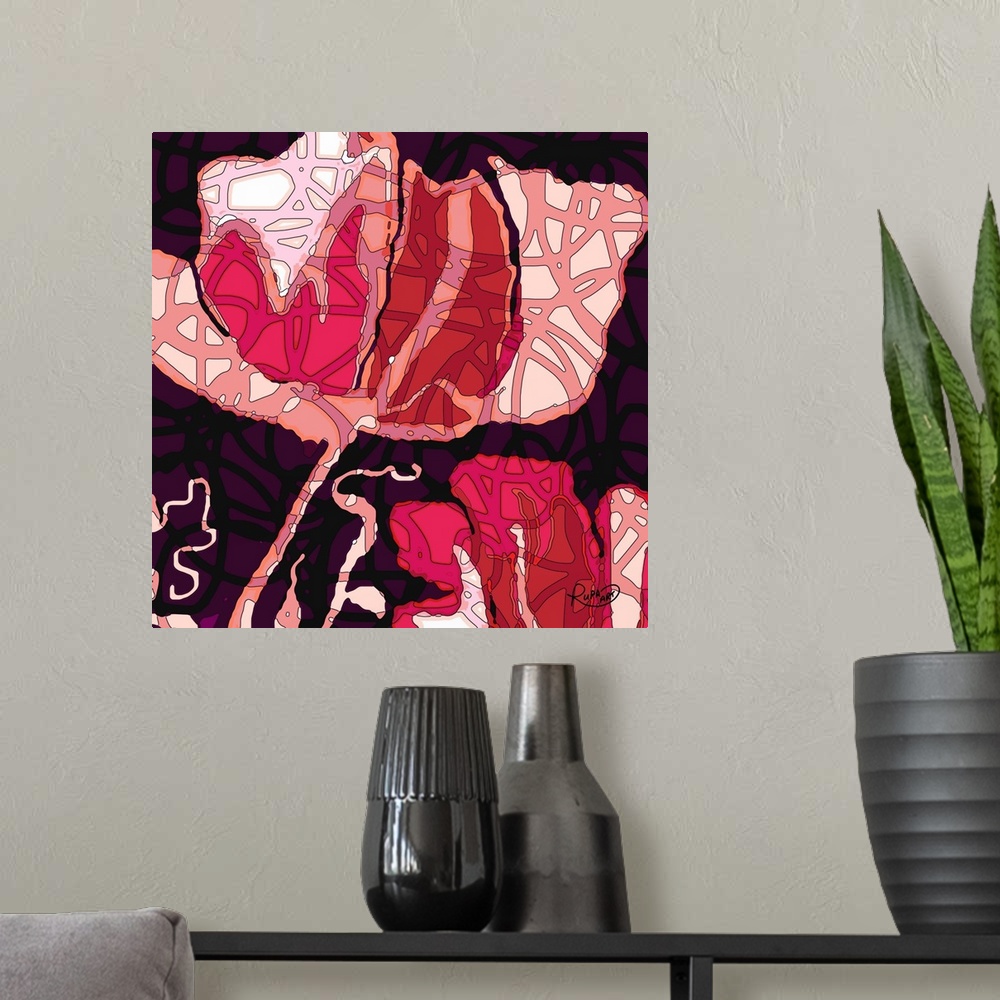 A modern room featuring Square abstract art of a large pink flower with a lined design on top on a black background.