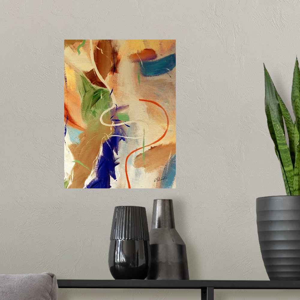 A modern room featuring Abstract painting with sporadic brushstrokes in orange, blue, green, and yellow hues with a royal...