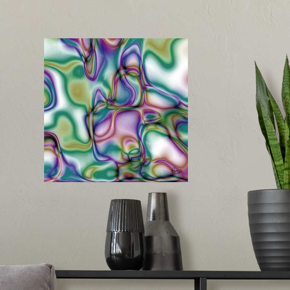 A modern room featuring Square abstract art with wavy lines of color intertwining together on a white background
