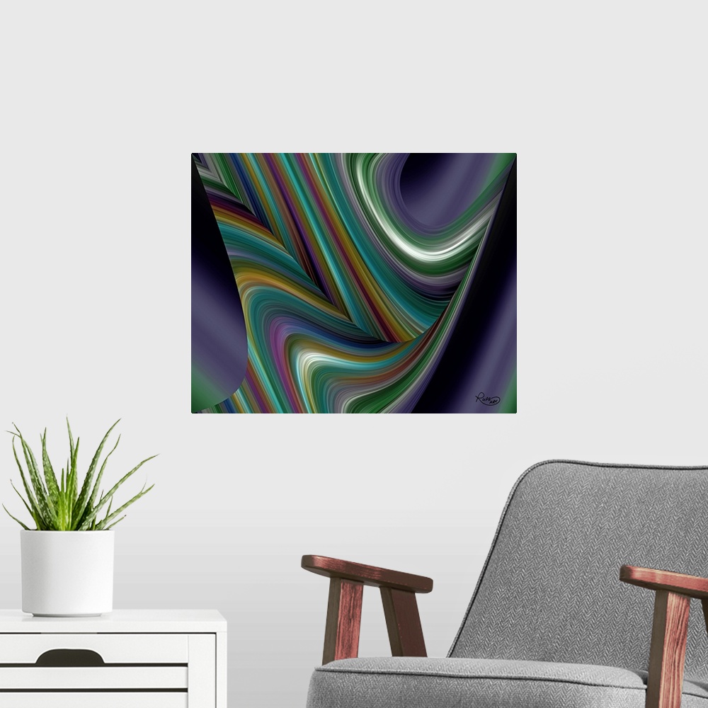 A modern room featuring Abstract art with arching colorful, thin lines coming together to create smooth movement.