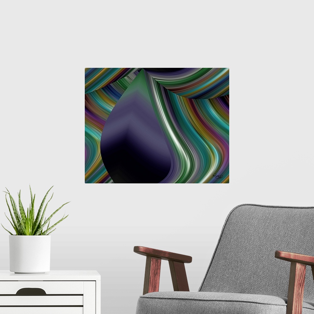 A modern room featuring Abstract art with a dark teardrop shape and colorful curved lines creating angles and a 3D look.