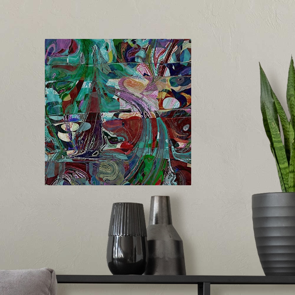 A modern room featuring Square abstract art with a busy design filled with dark hues.