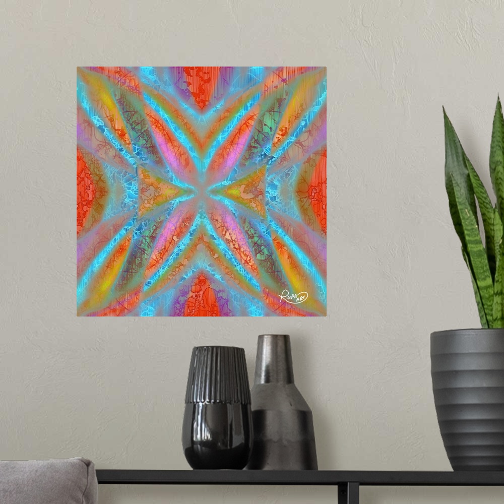 A modern room featuring Digital contemporary art of a kaleidoscopic pattern of neon red, blue, and orange colors.
