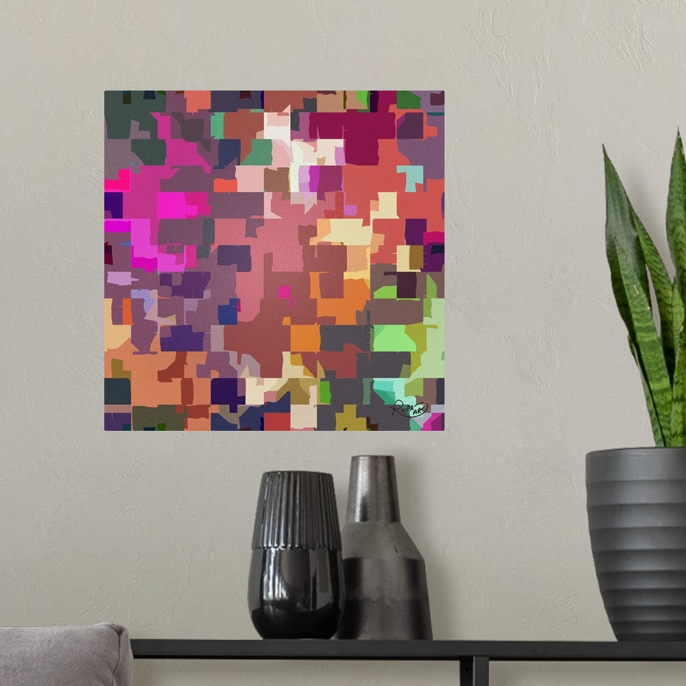 A modern room featuring Square abstract piece with a grid of colorful inorganic shapes on a bumpy textured background.