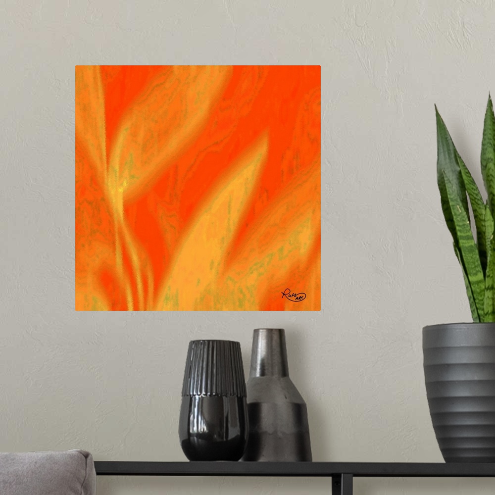 A modern room featuring Square abstract art with a bright orange background and large faded yellow designs.