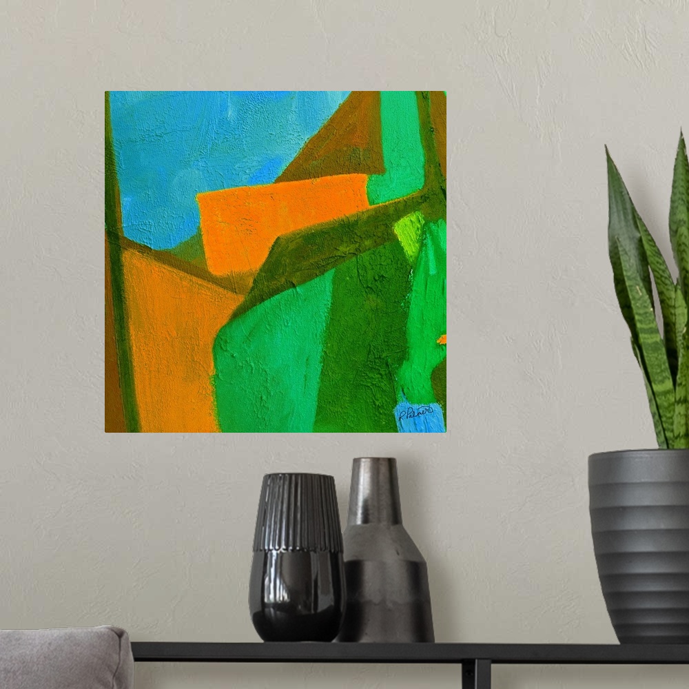 A modern room featuring Bright square abstract painting with green, blue, and orange shapes fitting perfectly together wi...