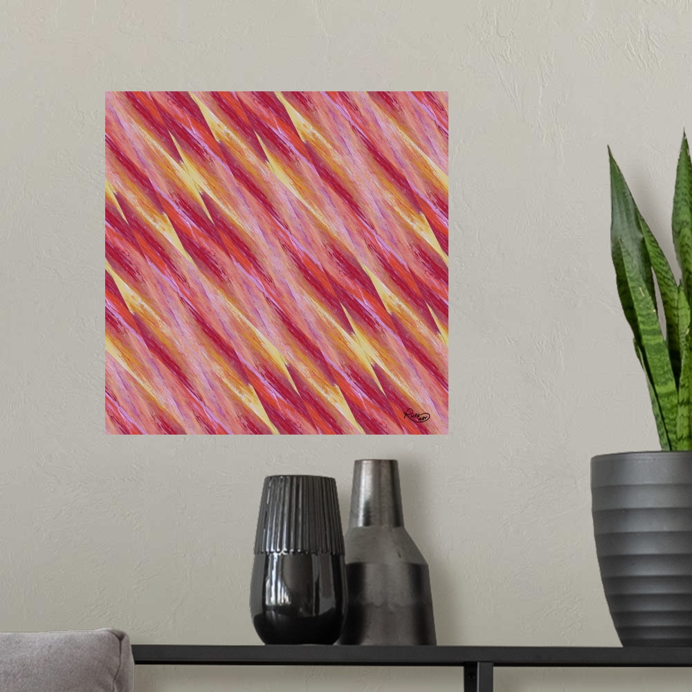 A modern room featuring Square abstract artwork in shades of pink and yellow in a small diagonal striped design.