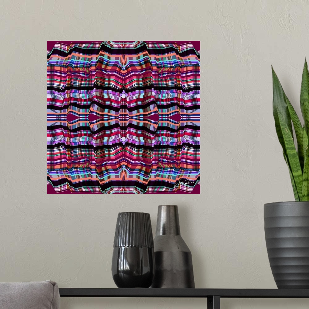 A modern room featuring A square image of a plaid design.