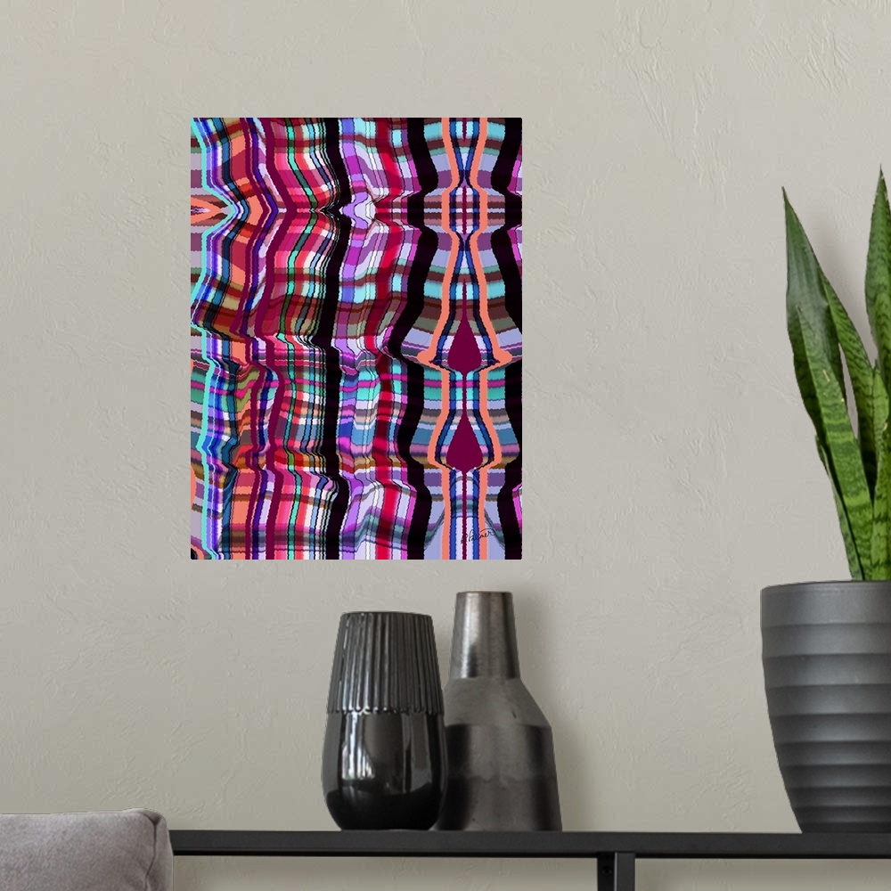 A modern room featuring A vertical image of a plaid design.