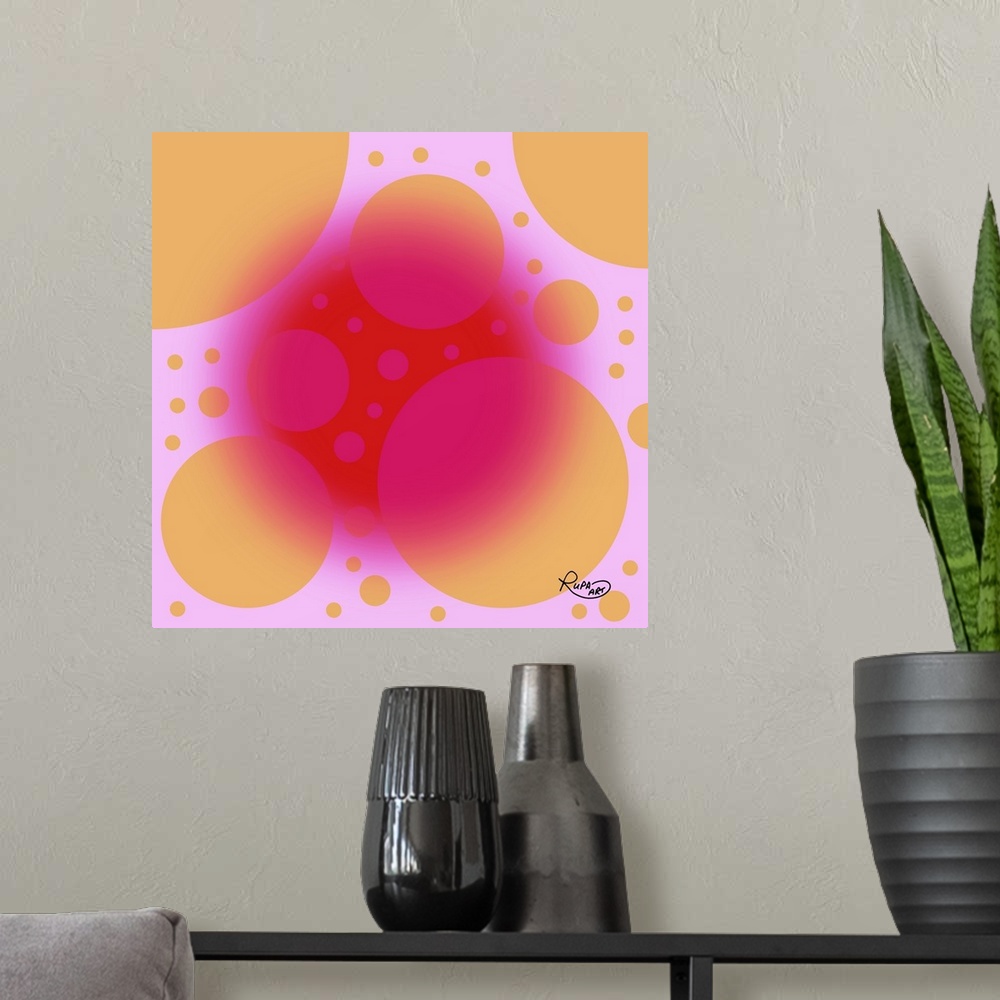 A modern room featuring Digital abstract art of a fuchsia colored circle over orange spots on a pink background.