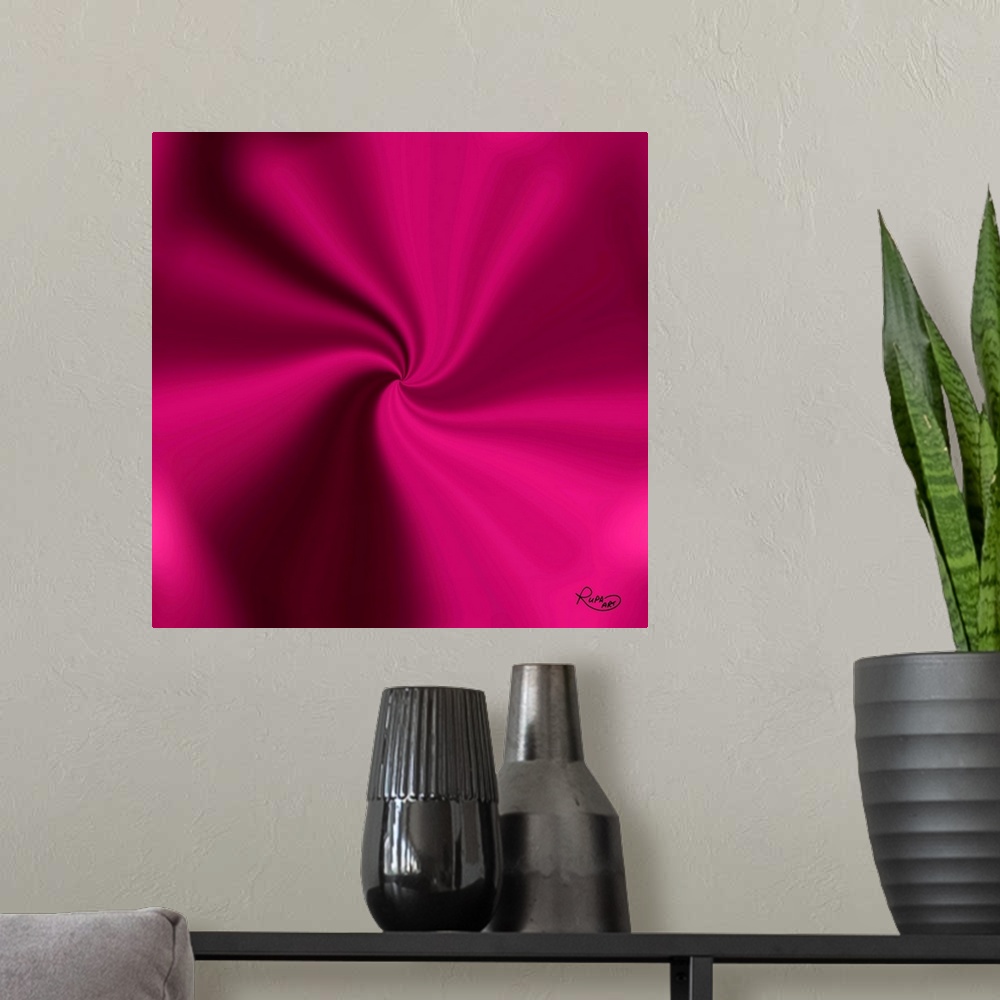 A modern room featuring Square pink twirl design coming together at a point in the center.