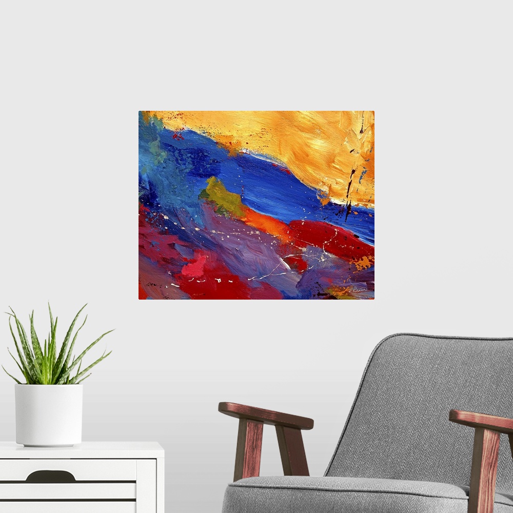 A modern room featuring Abstract artwork that uses several colors of paint applied in a diagonal direction with other pai...