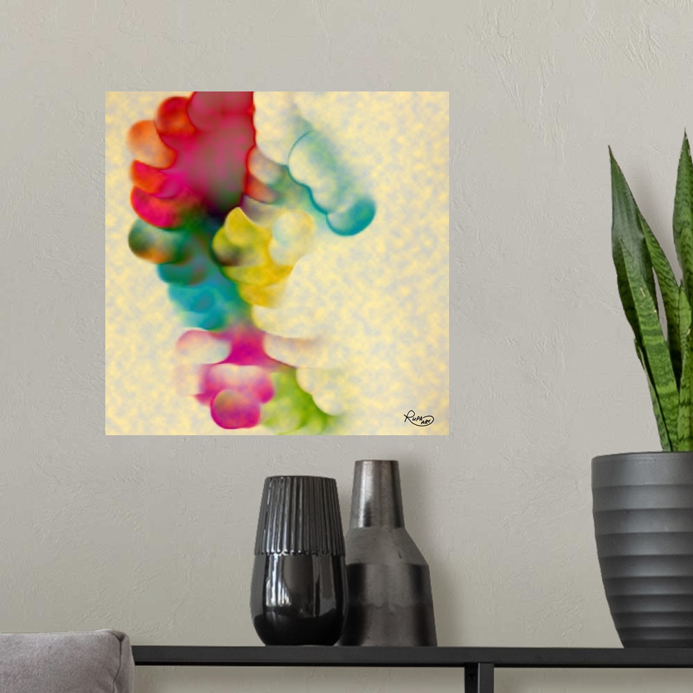 A modern room featuring Square abstract art with dream-like puffs of color.