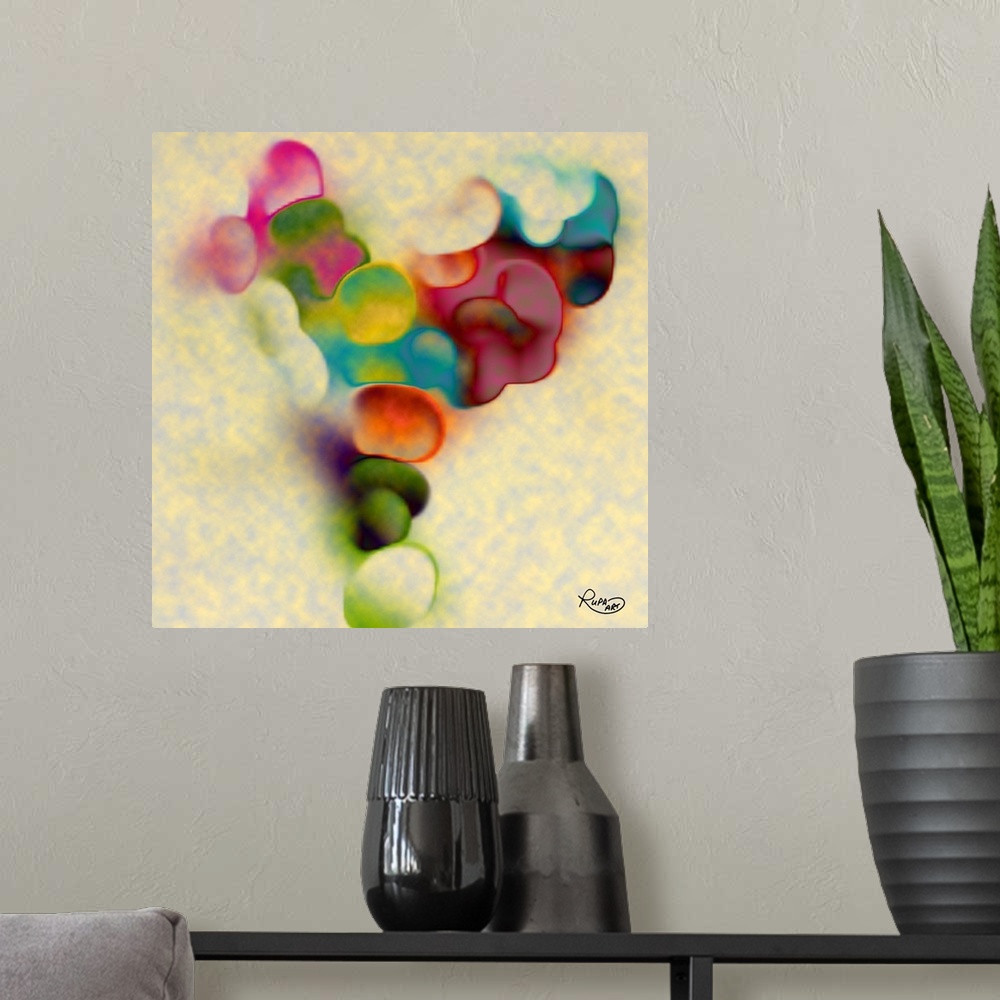 A modern room featuring Square abstract art with dream-like puffs of color.