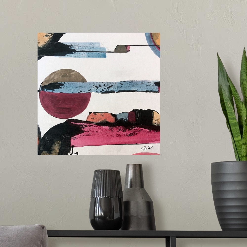 A modern room featuring Square abstract painting with bands of color throughout and a circular figure in the middle, all ...
