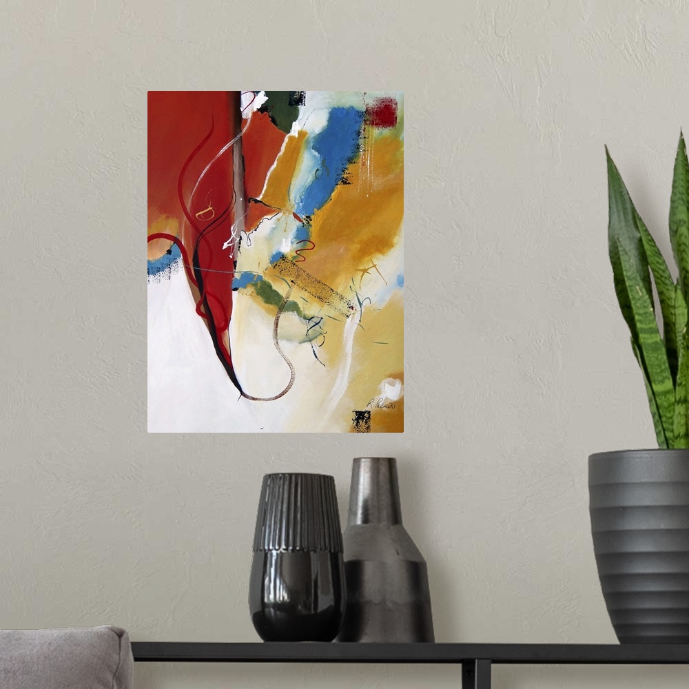 A modern room featuring Abstract contemporary art of bold primary colors on a cream background.