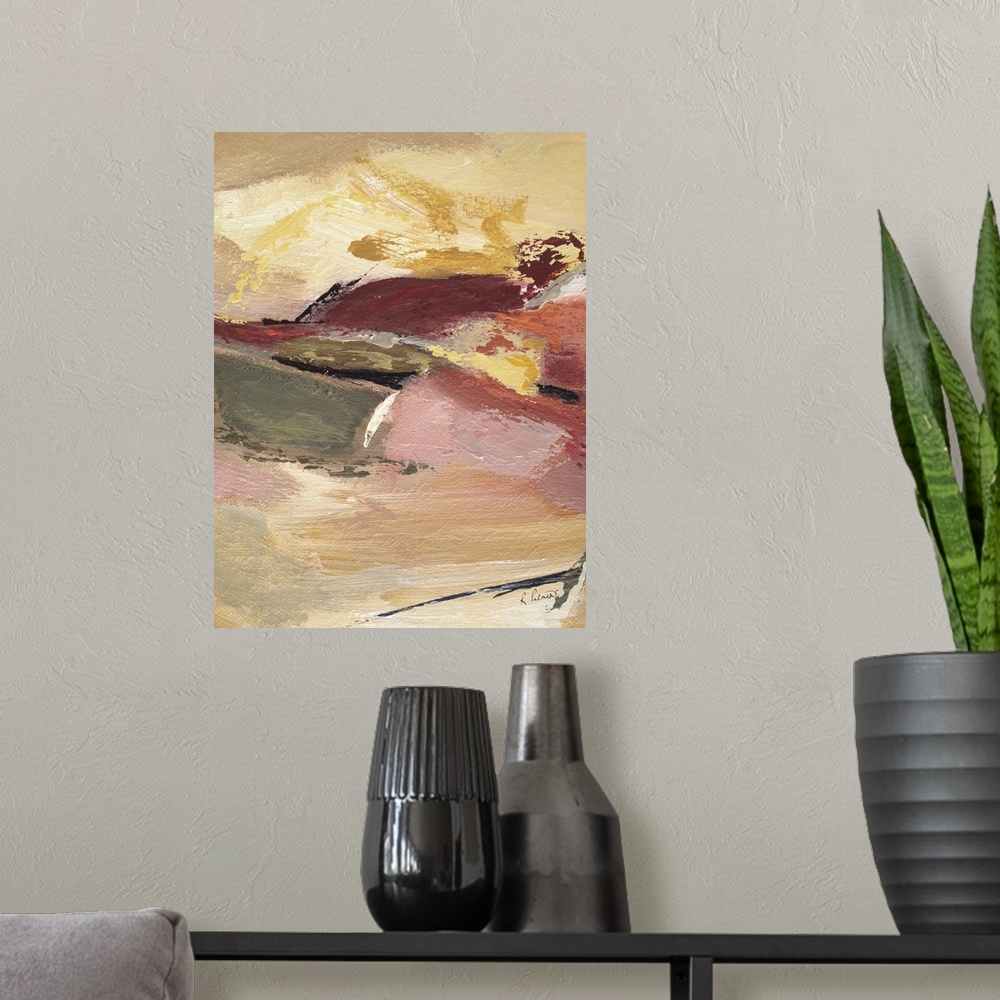 A modern room featuring Contemporary abstract artwork with flowing colors in yellow and rusty copper tones.