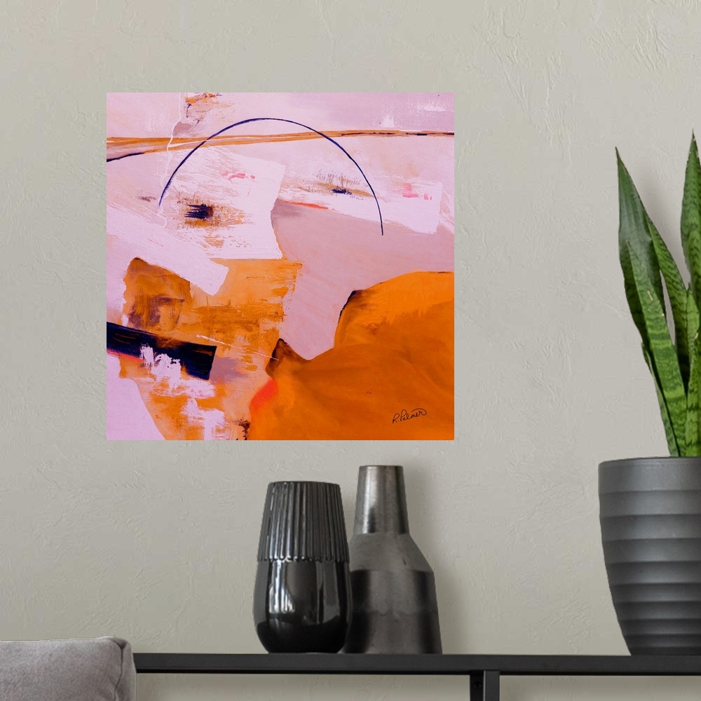 A modern room featuring Square abstract painting in shades of pink and orange with bold purple brushstrokes found through...