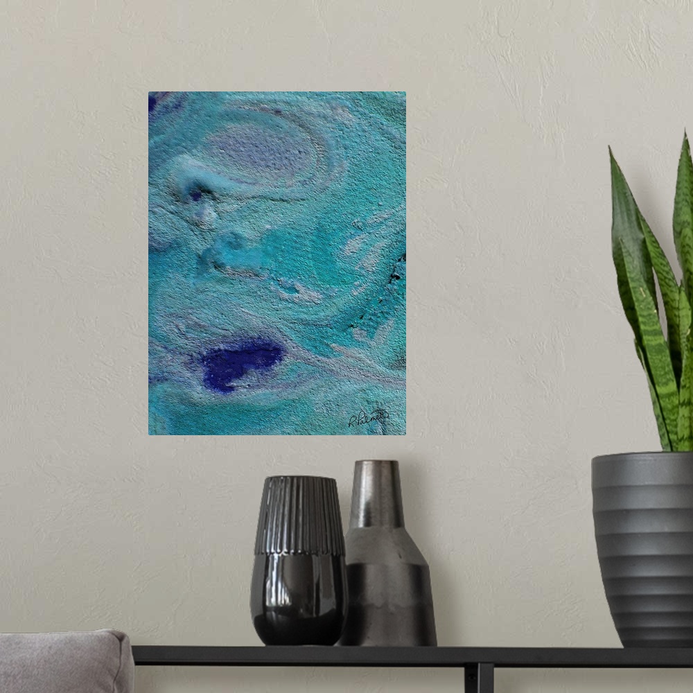 A modern room featuring Contemporary abstract painting using swirling teal and blue colors.