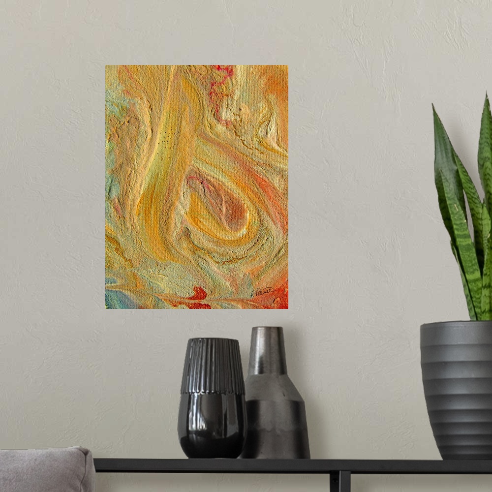 A modern room featuring Contemporary abstract painting using swirling pale yellow and orange paint.